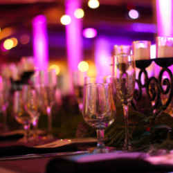 Wedding venue in Philadelphia. A table set with a glass, candles, and plates. The lighting is a soothing purple.